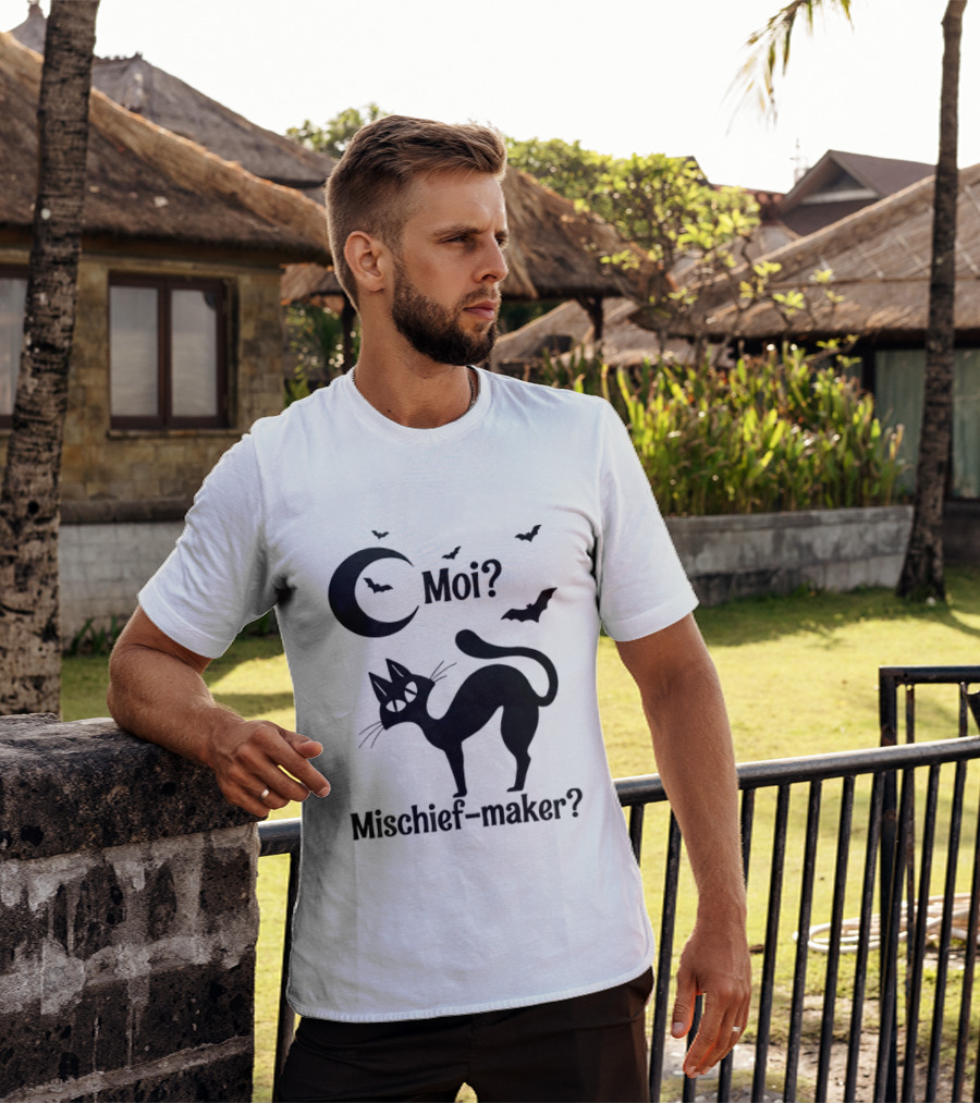 Moi Mischief Maker Black Cat Halloween Moon Bats T-Shirt