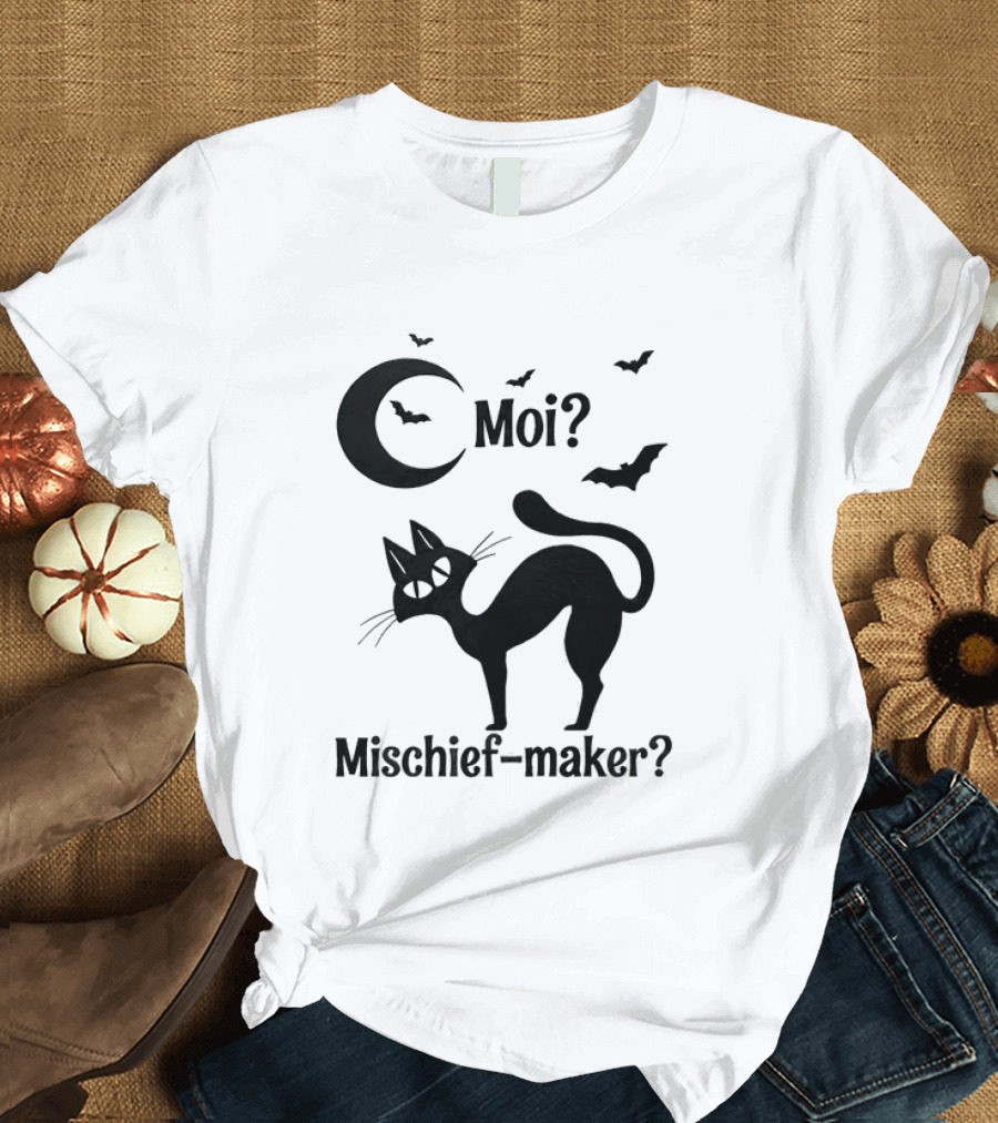 Moi Mischief Maker Black Cat Halloween Moon Bats T-Shirt