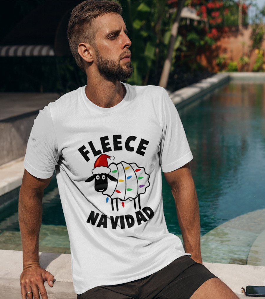 Fleece Navidad Christmas Sheep In Santa Hat With Holiday Lights Pun T-Shirt