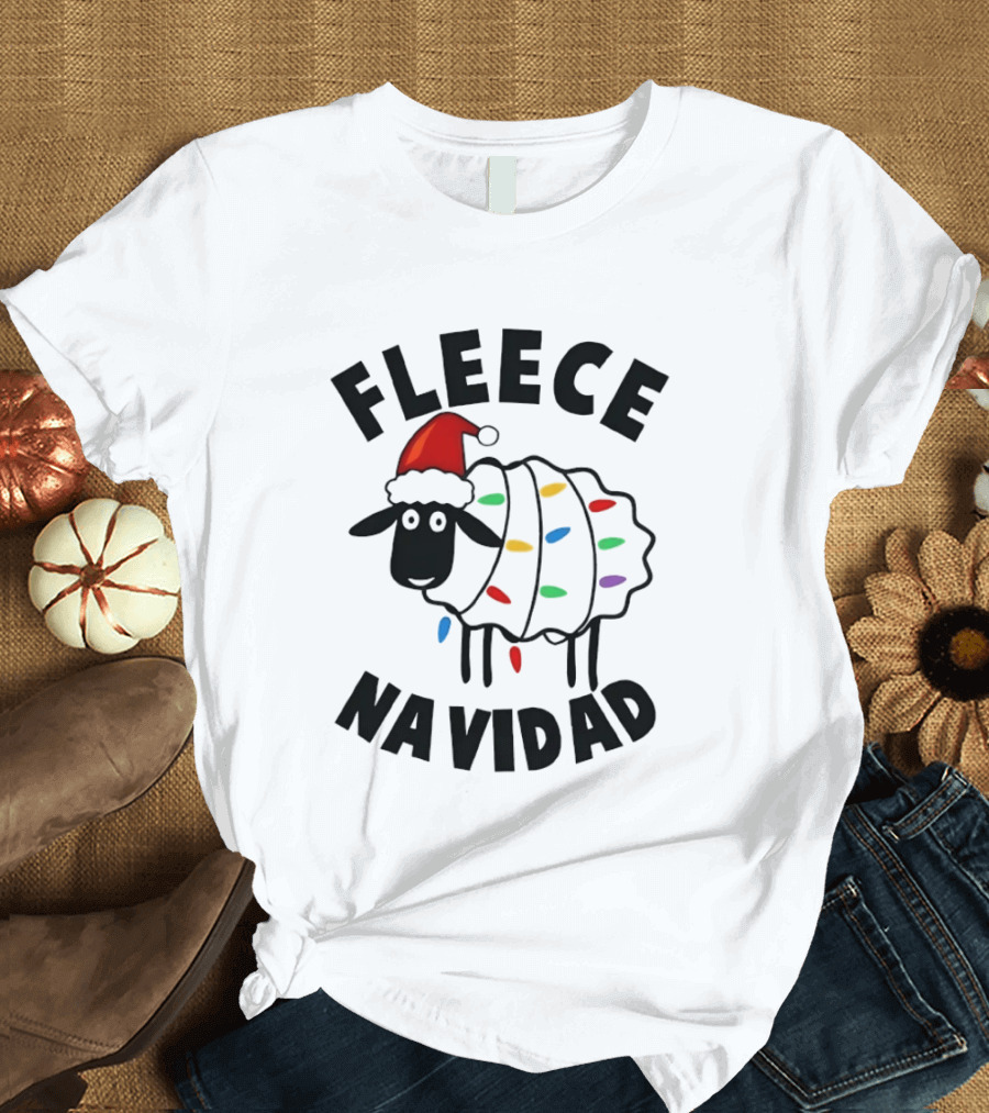 Fleece Navidad Christmas Sheep In Santa Hat With Holiday Lights Pun T-Shirt