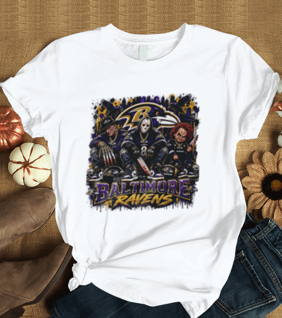Freddy Krueger Jason Voorhees Chucky Baltimore Ravens Halloween Horror T-Shirt