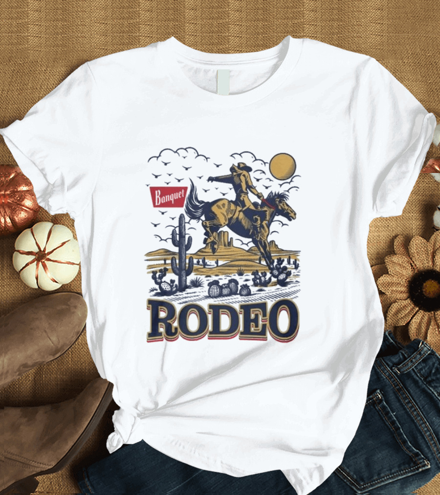 Western Rodeo Cowboy Desert Scene With Cactus And Mountains T-Shirt