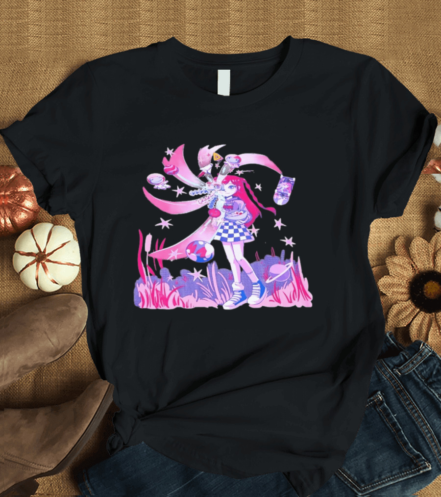 Anime Girl Space Ramen Checkered Skirt Pink Cosmic Stars T-Shirt