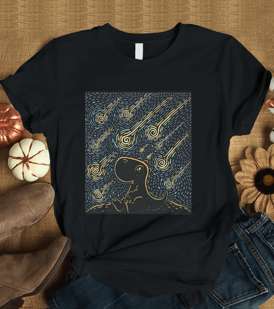 Make A Wish Dinosaur Under Shooting Star Swirl Night Sky T-Shirt
