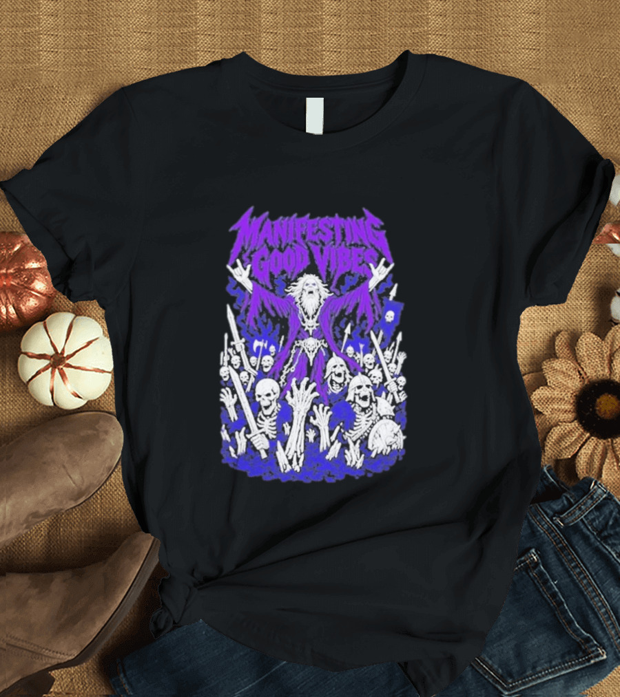 Manifesting Good Vibes Necromancer Skeleton Wizard T-Shirt
