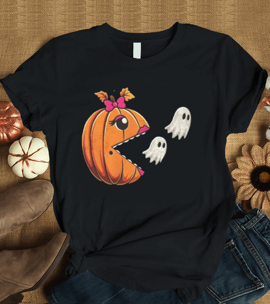 Ms Pac Man Pumpkin Shape Halloween Ghosts T-Shirt