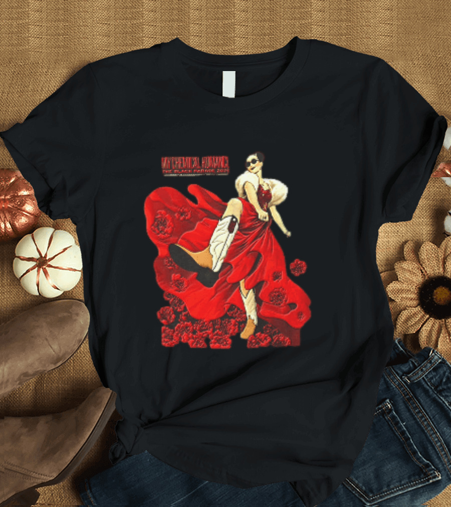 My Chemical Romance The Black Parade Tour 2025 Woman Red Dress Cowboy Boots Flowers T-Shirt