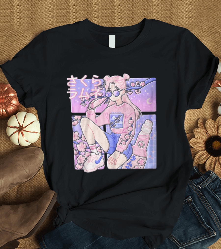 Anime Girl Drinking Pink Soda Sakura Blossoms Pastel Aesthetic T-Shirt