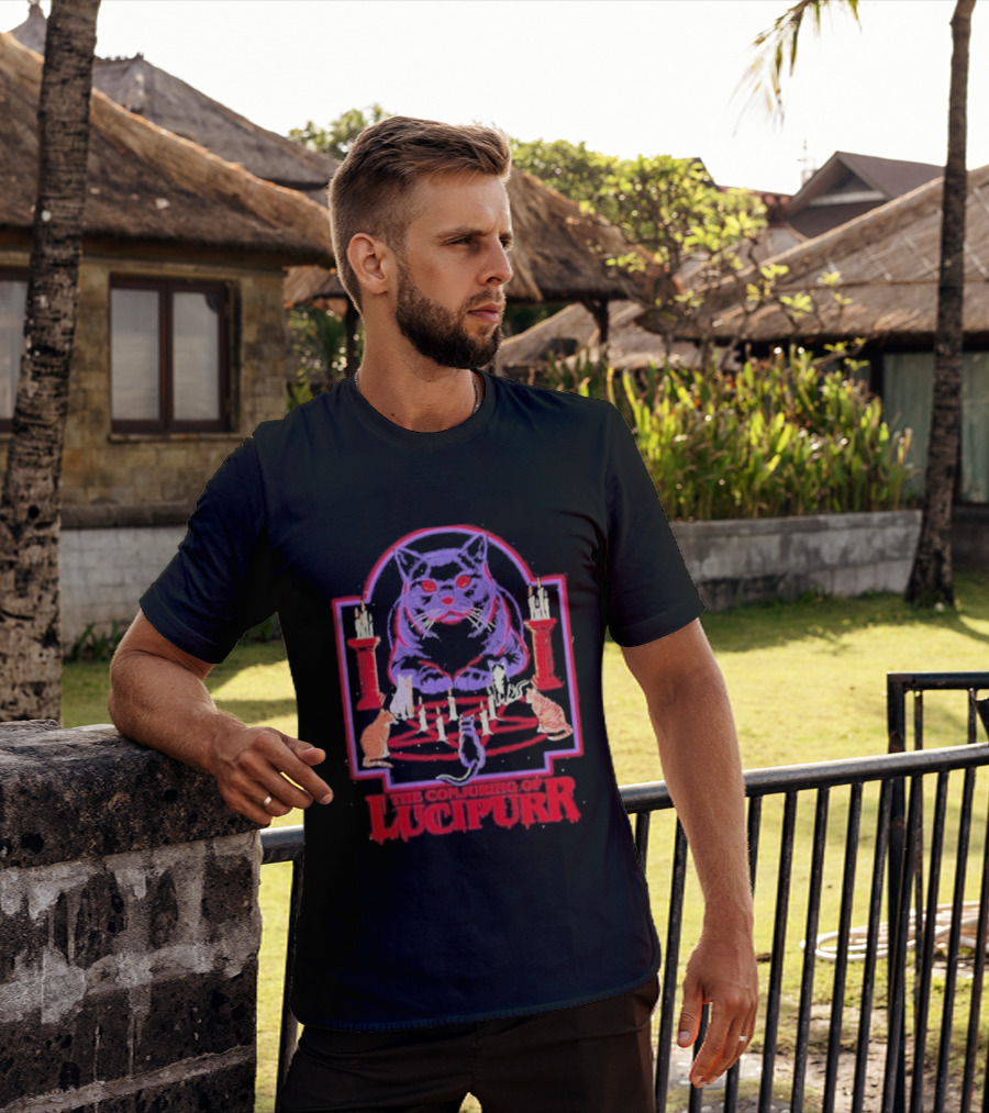 The Conjuring Of Lucipurr Cat Candle Pentagram Ritual T-Shirt
