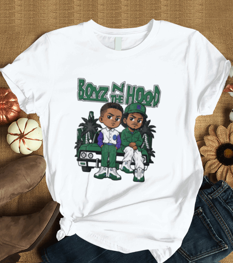 Boyz N The Hood Cartoon Boys Green Car Palm Trees T-Shirt