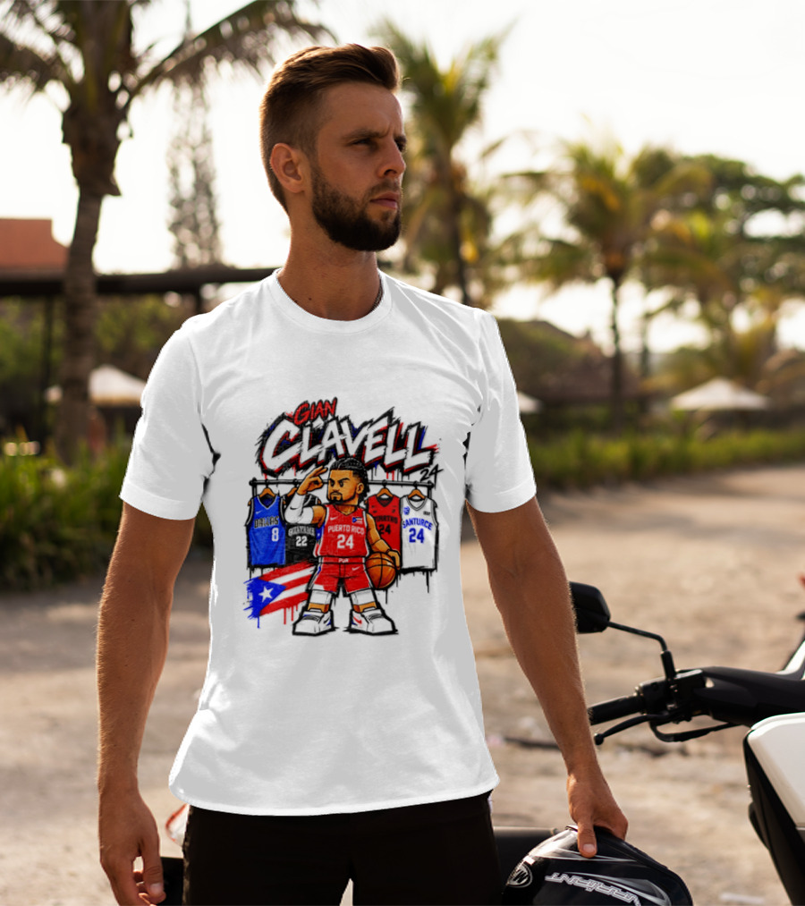 Gian Clavell Puerto Rico Basketball Cartoon With Jersey Collection And Flag T-Shirt