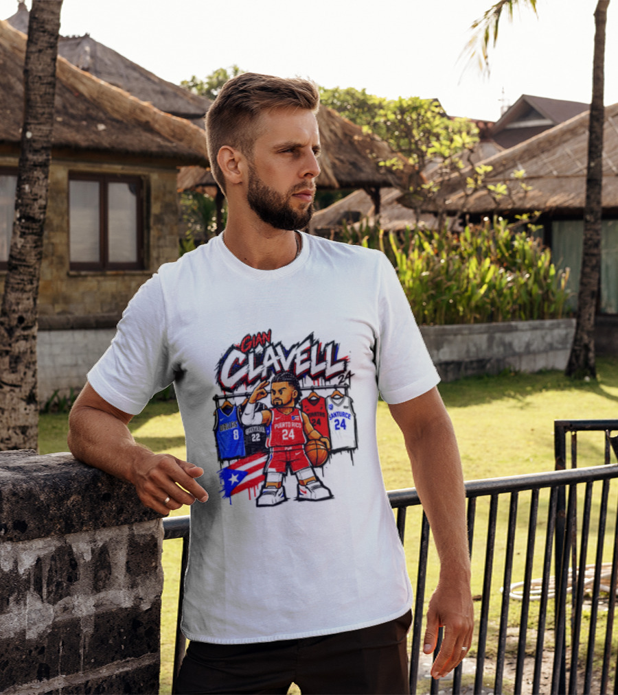 Gian Clavell Puerto Rico Basketball Cartoon With Jersey Collection And Flag T-Shirt