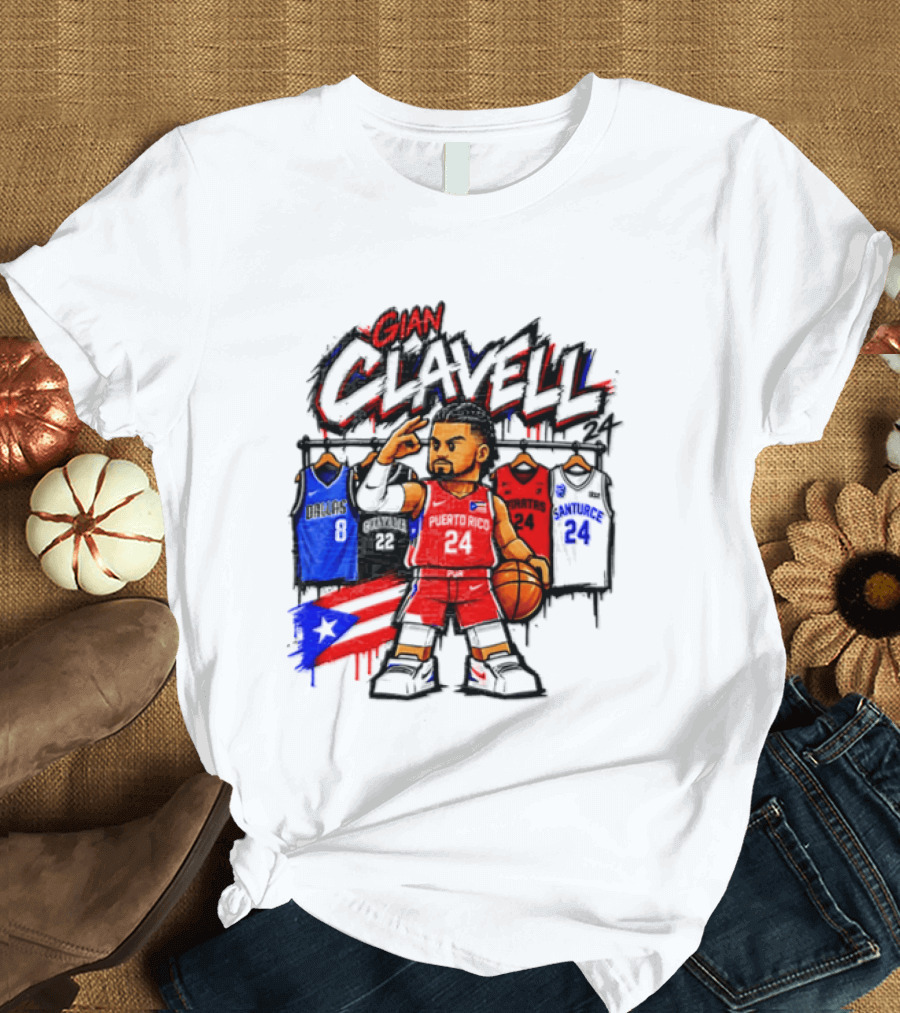 Gian Clavell Puerto Rico Basketball Cartoon With Jersey Collection And Flag T-Shirt
