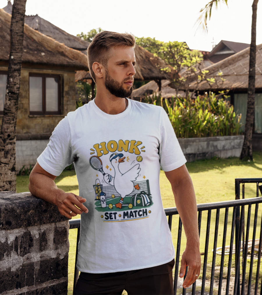 Honk Set Match Duck Playing Tennis Cartoon T-Shirt