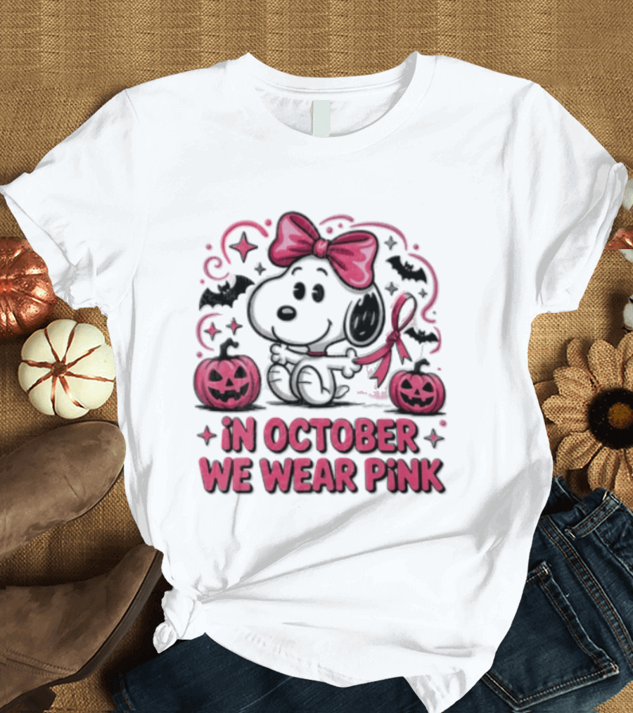 In October We Wear Pink Snoopy Peanuts Halloween Bow Pumpkins Bats T-Shirt