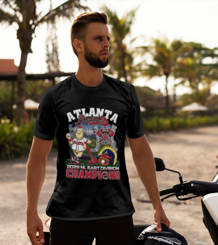 Atlanta Braves 2026 NL East Division Champions Stadium With Mascot And Baseball Bat T-Shirt