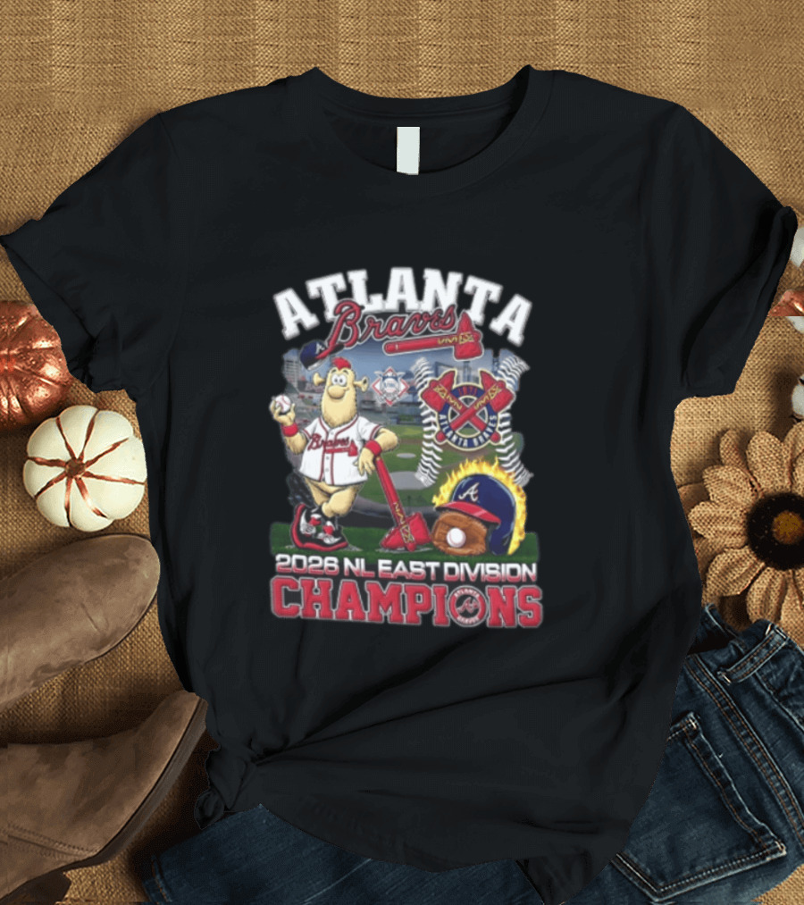 Atlanta Braves 2026 NL East Division Champions Stadium With Mascot And Baseball Bat T-Shirt
