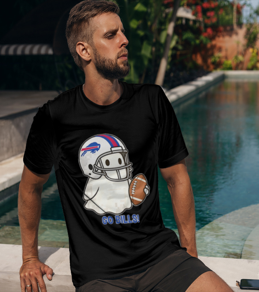 Buffalo Bills Ghost GO BILLS Football Helmet Holding Ball T-Shirt
