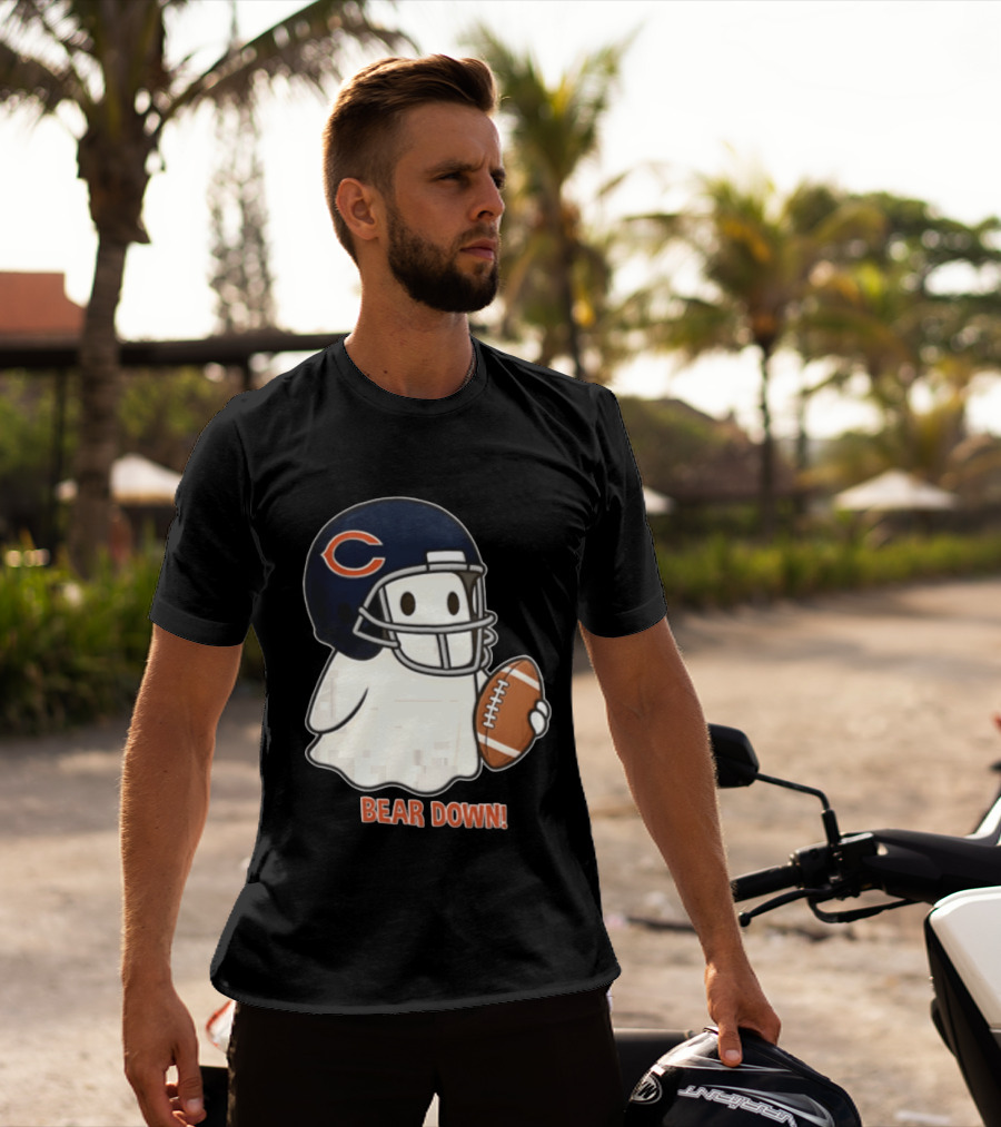 Chicago Bears Bear Down Ghost Football Helmet Holding Ball T-Shirt