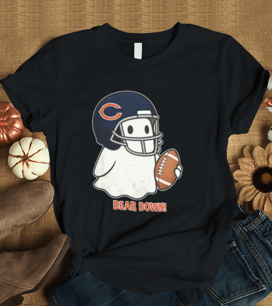 Chicago Bears Bear Down Ghost Football Helmet Holding Ball T-Shirt