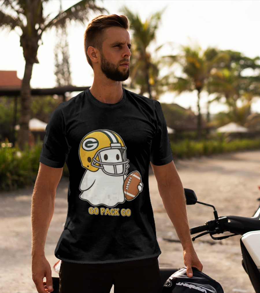 Go Pack Go Ghost With Green Bay Packers Football Helmet And Ball T-Shirt