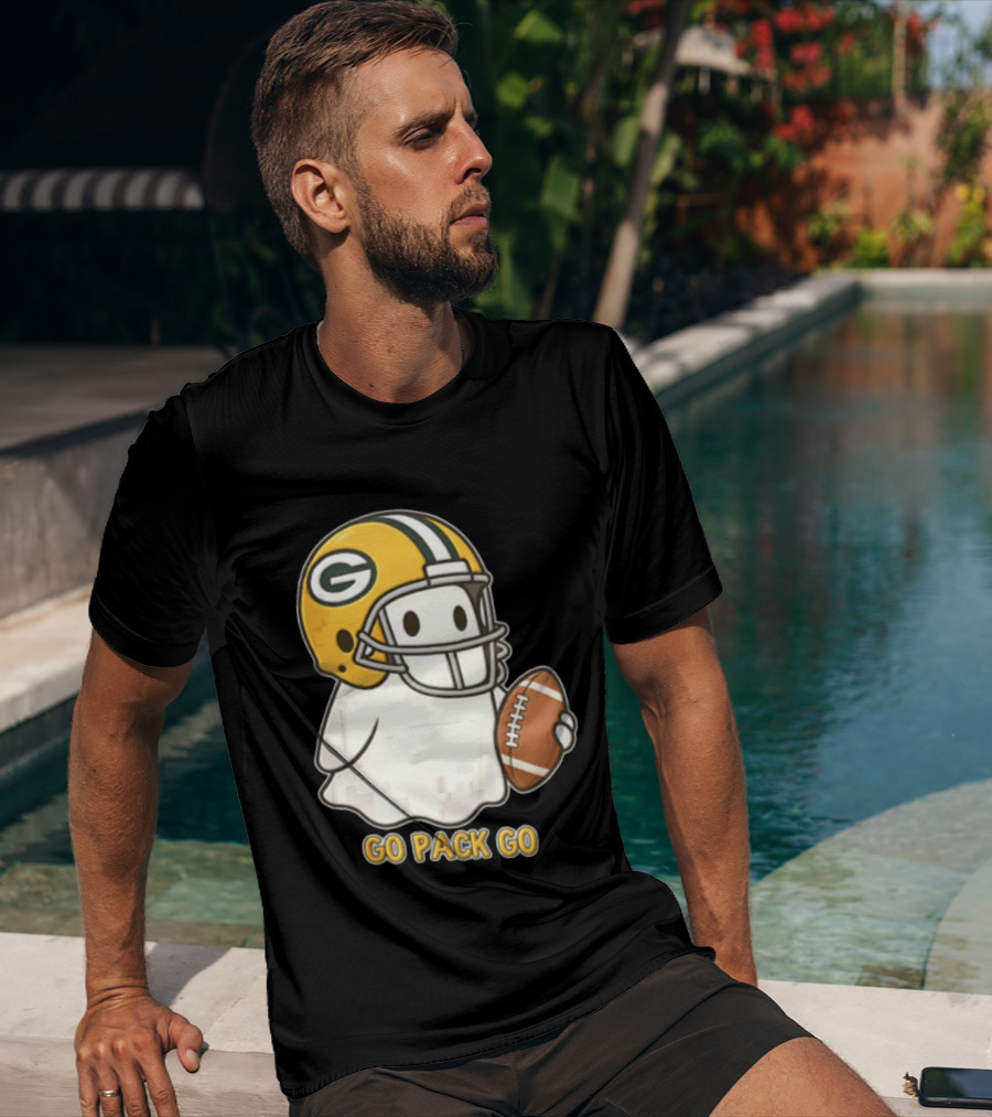 Go Pack Go Ghost With Green Bay Packers Football Helmet And Ball T-Shirt