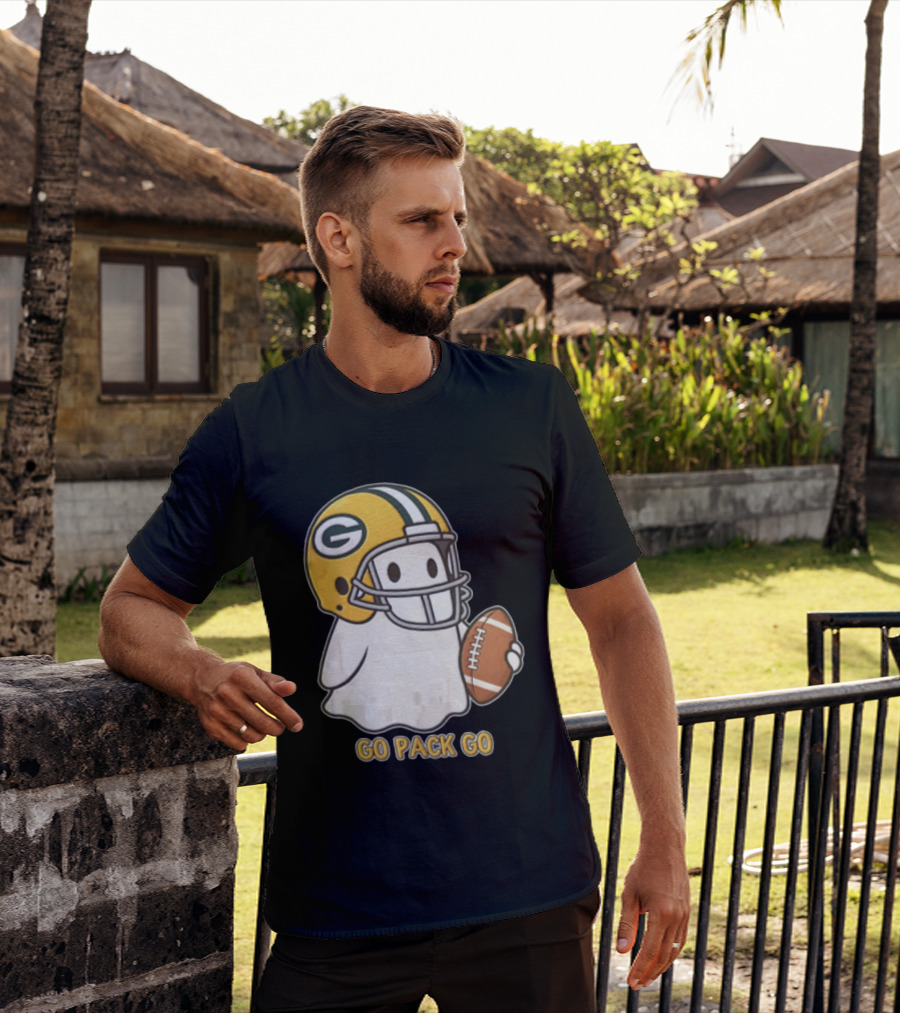 Go Pack Go Ghost With Green Bay Packers Football Helmet And Ball T-Shirt
