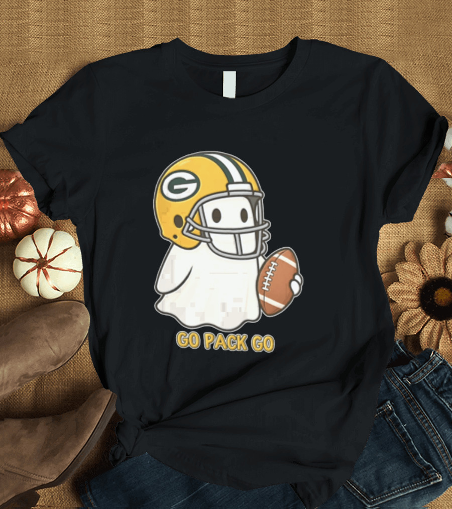 Go Pack Go Ghost With Green Bay Packers Football Helmet And Ball T-Shirt
