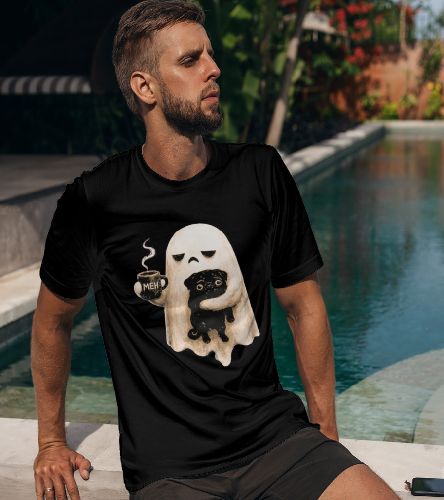 Halloween Meh Ghost Holding Black Pug Dog Lover T-Shirt