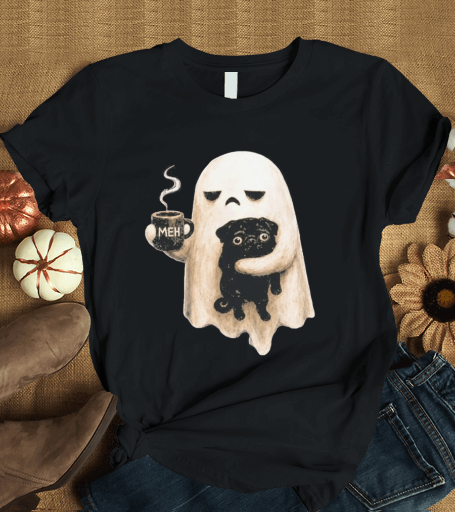 Halloween Meh Ghost Holding Black Pug Dog Lover T-Shirt
