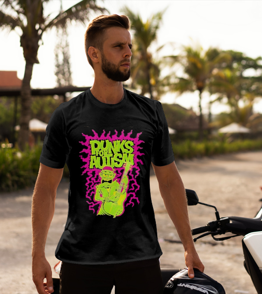 Punks For Autism Frankenstein Guitar Player Neon Rock T-Shirt