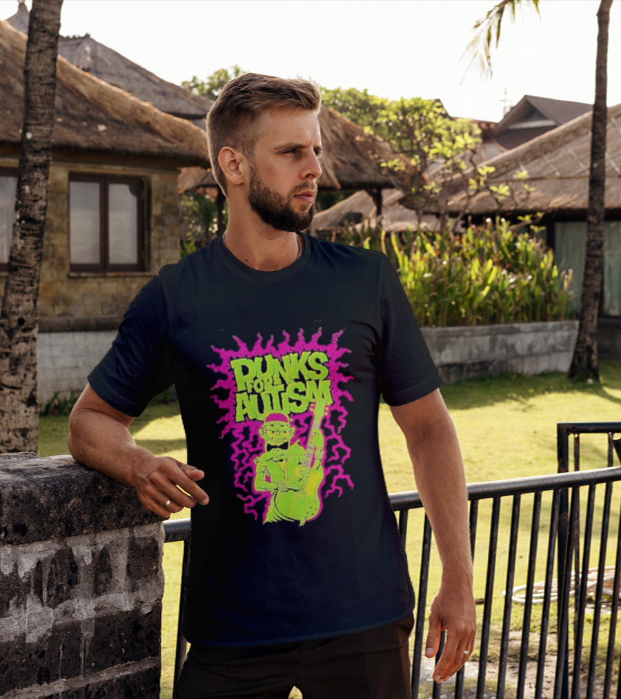 Punks For Autism Frankenstein Guitar Player Neon Rock T-Shirt