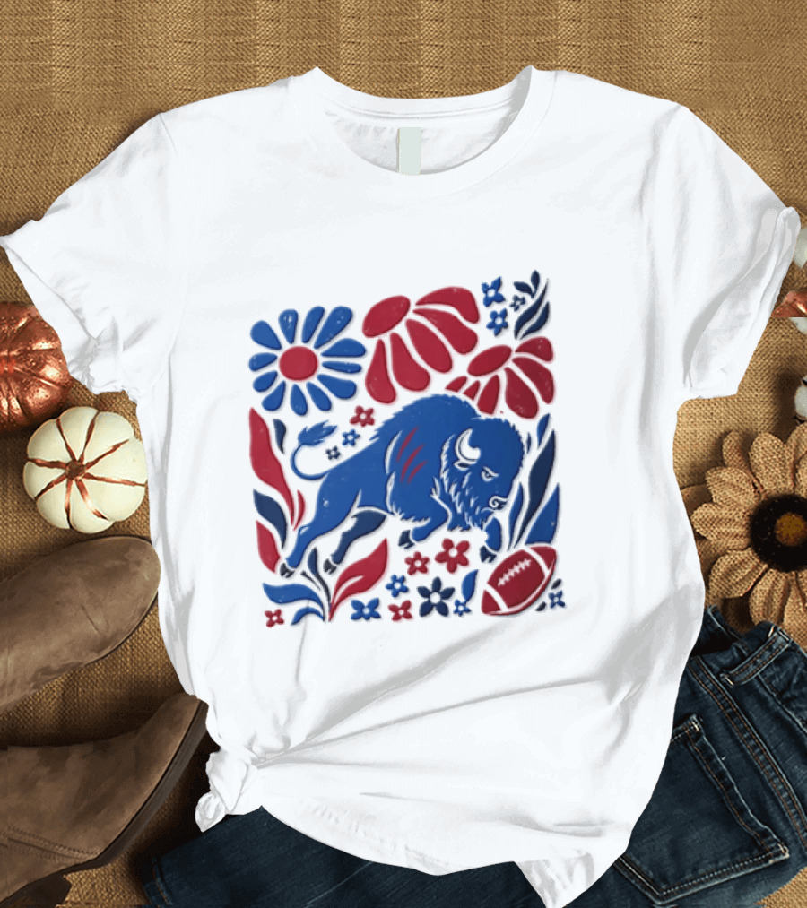 Buffalo Bills Charging Buffalo Red Blue Flowers Football T-Shirt