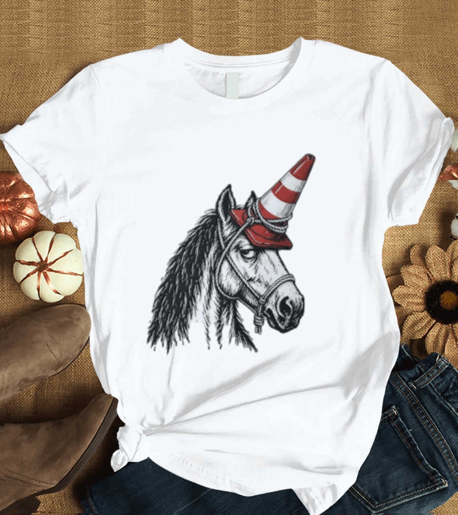 Horse Wearing Red Traffic Cone Hat Rope Accessory T-Shirt
