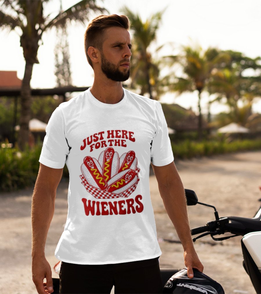 Just Here For The Wieners Four Cartoon Hot Dogs Mustard T-Shirt