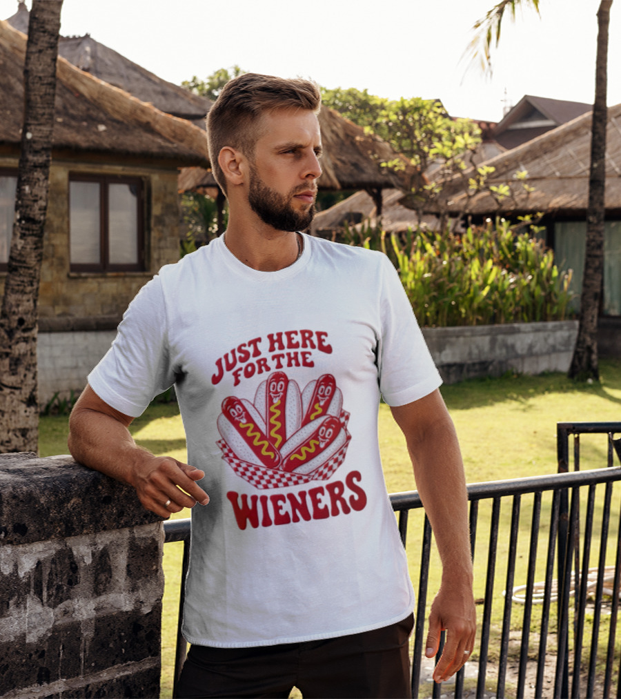 Just Here For The Wieners Four Cartoon Hot Dogs Mustard T-Shirt
