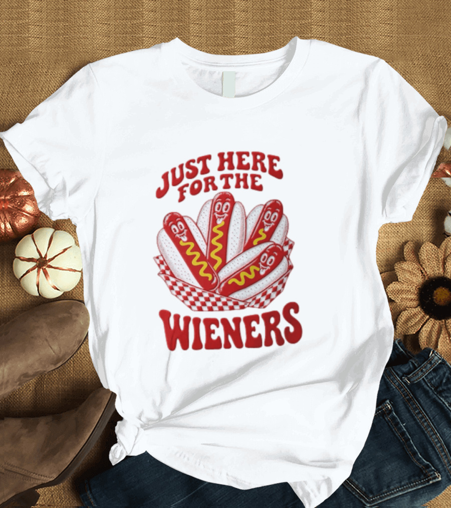 Just Here For The Wieners Four Cartoon Hot Dogs Mustard T-Shirt