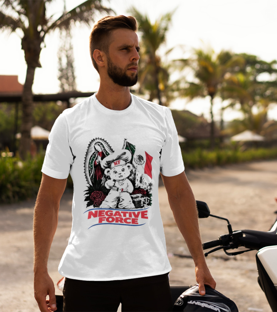 Negative Force Bear With Mexican Flag Virgin Mary Roses T-Shirt