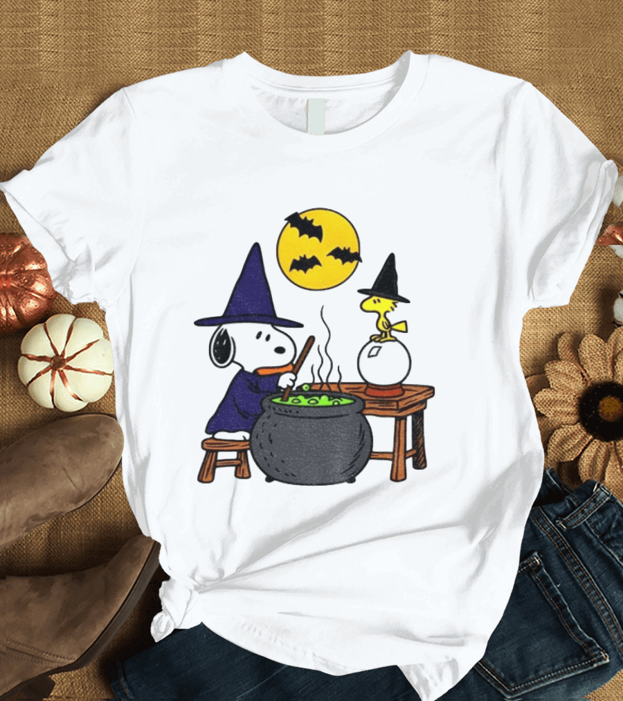 Snoopy Witch Cauldron Woodstock Crystal Ball Halloween Moon Bats T-Shirt