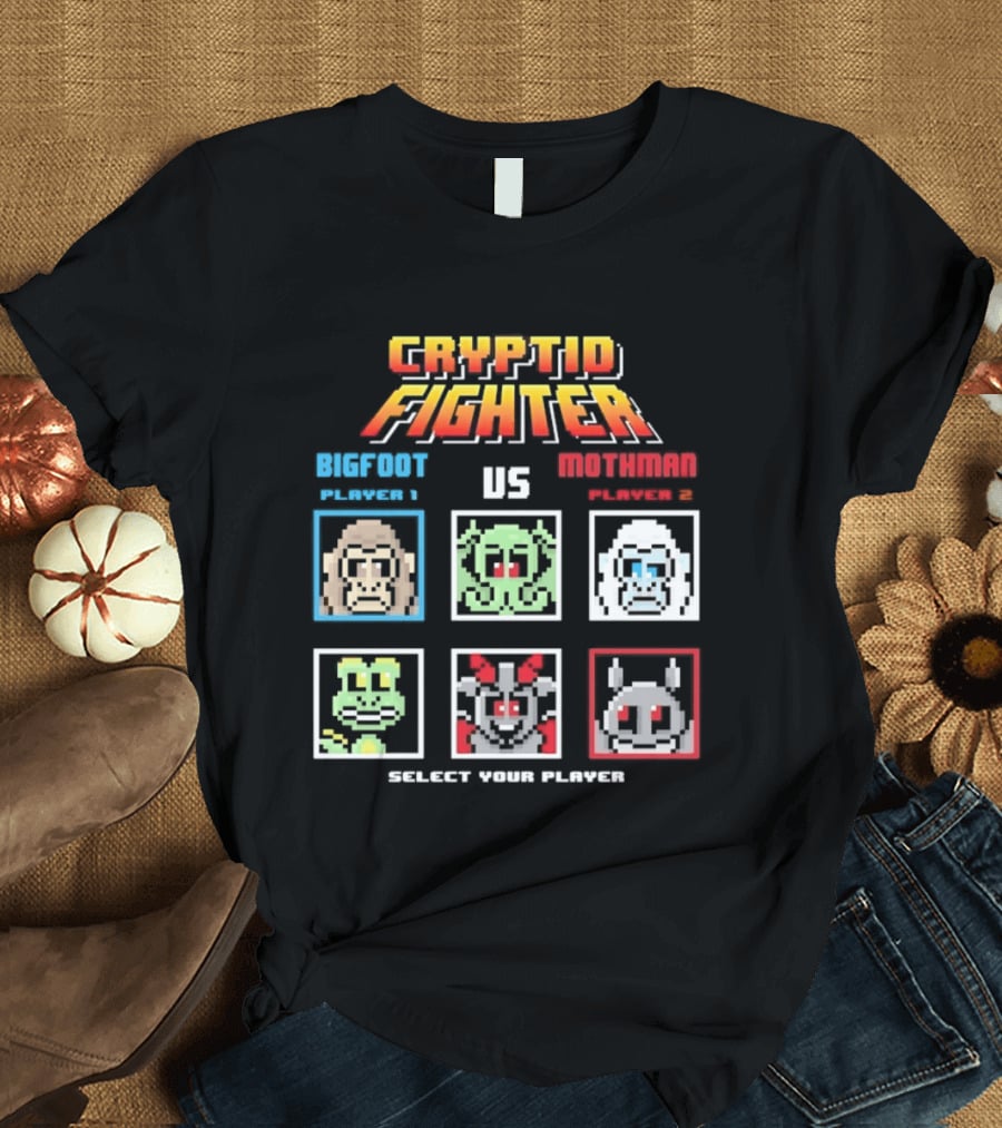 Cryptid Fighter Bigfoot Player 1 Vs Mothman Player 2 Select Your Player T-Shirt