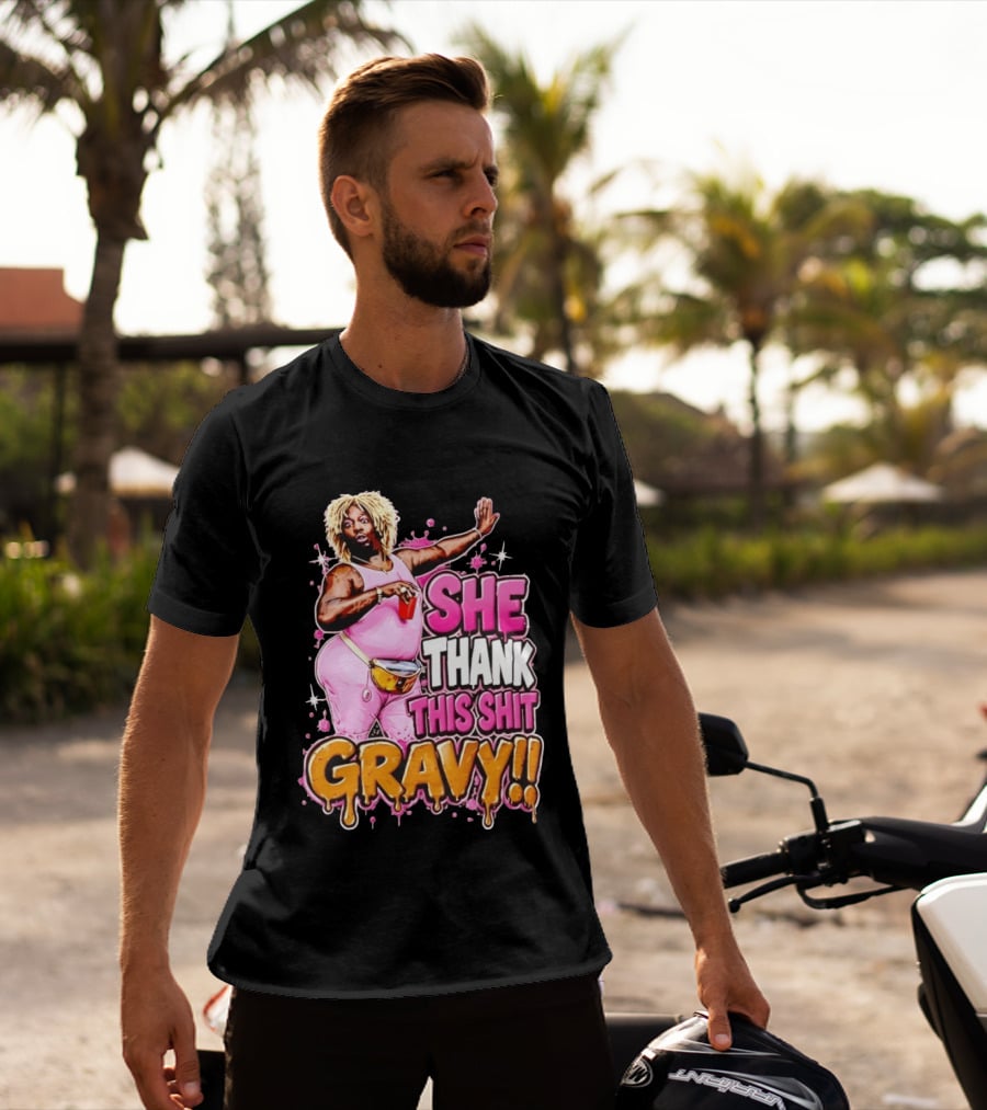 Yung Gravy She Thank This Shit Gravy Rapper Pink Outfit Drink Pose T-Shirt