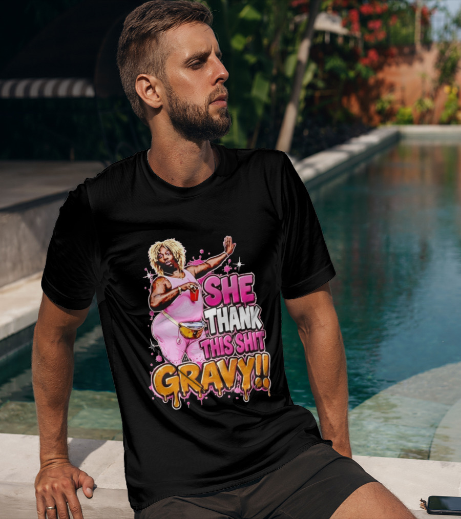 Yung Gravy She Thank This Shit Gravy Rapper Pink Outfit Drink Pose T-Shirt