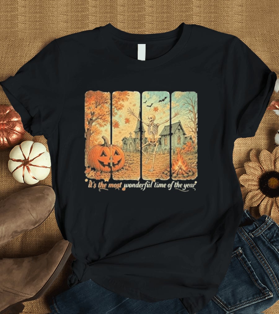 It's The Most Wonderful Time Of The Year Spooky Skeleton Pumpkin Campfire Halloween T-Shirt