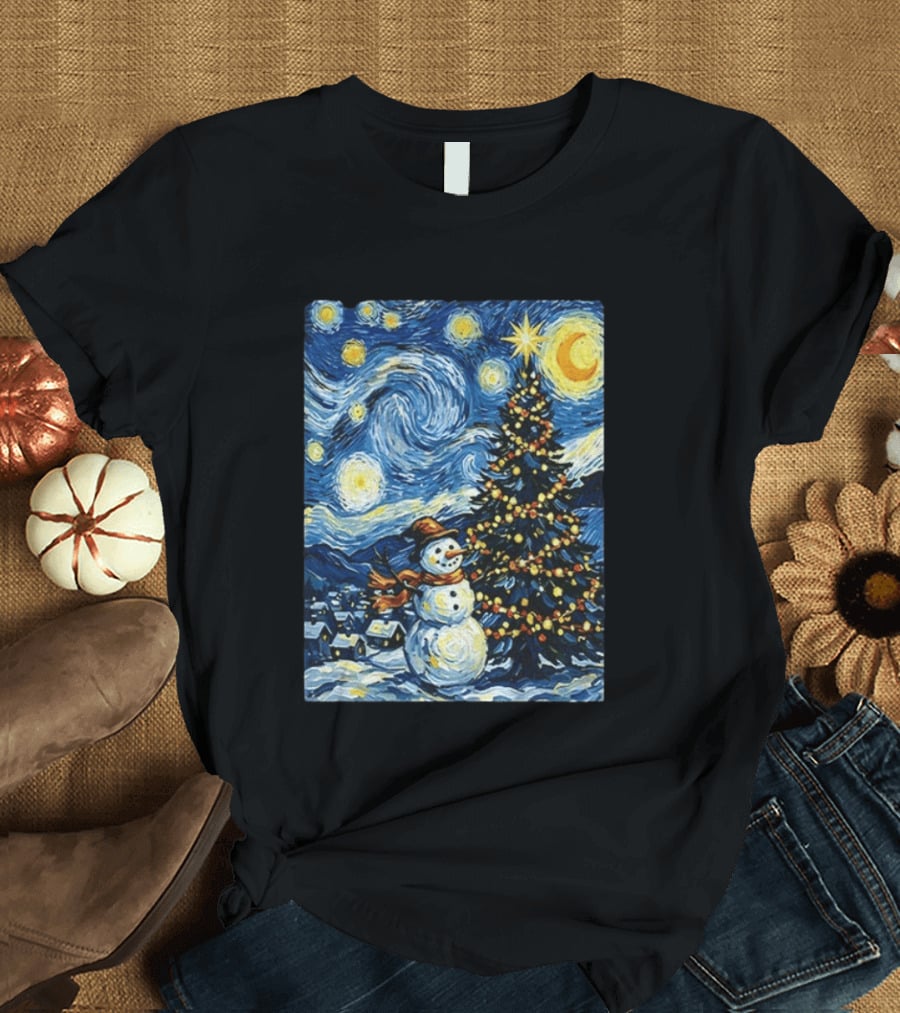 Starry Snowman Christmas Night With Tree And Sky T-Shirt