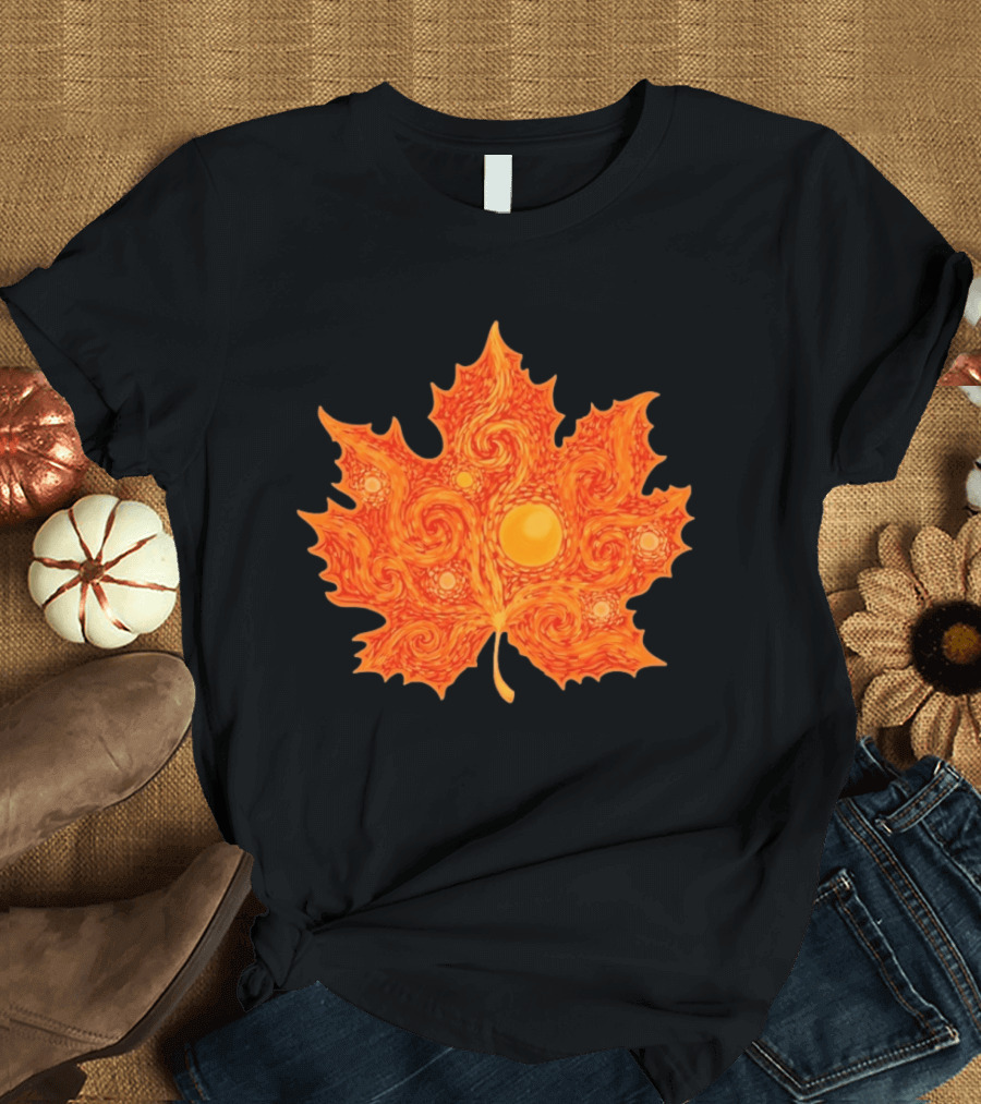 Starry Night Orange Maple Leaf Autumn Swirl T-Shirt