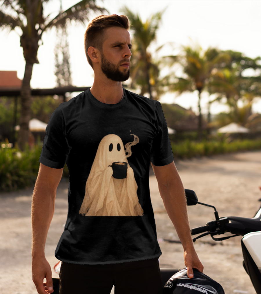 Ghost Spooky Coffee Bar Halloween Cozy Ghost Holding Coffee Steam T-Shirt