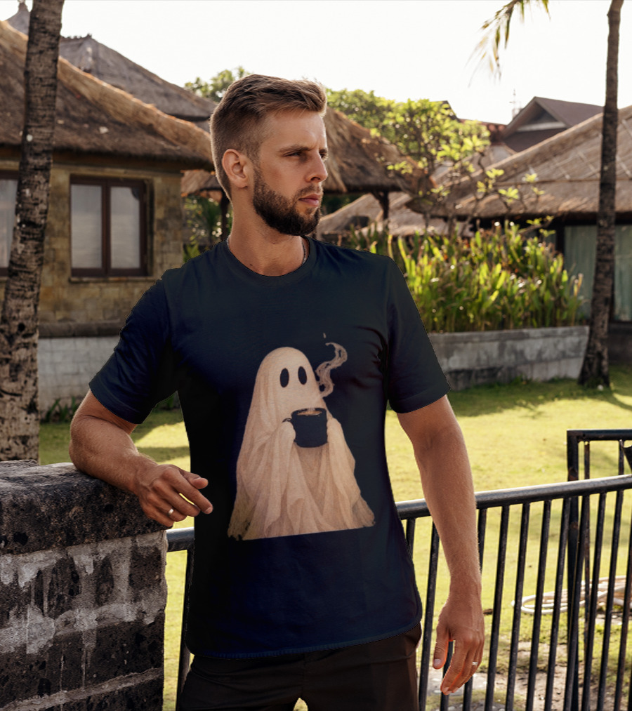 Ghost Spooky Coffee Bar Halloween Cozy Ghost Holding Coffee Steam T-Shirt
