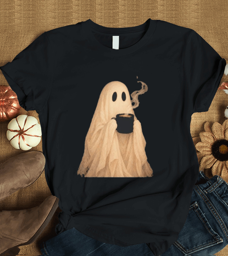 Ghost Spooky Coffee Bar Halloween Cozy Ghost Holding Coffee Steam T-Shirt