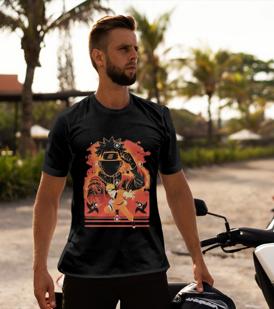 Naruto Uzumaki Ninja Action Anime Manga Shadow Clone Jutsu Shuriken Flames T-Shirt