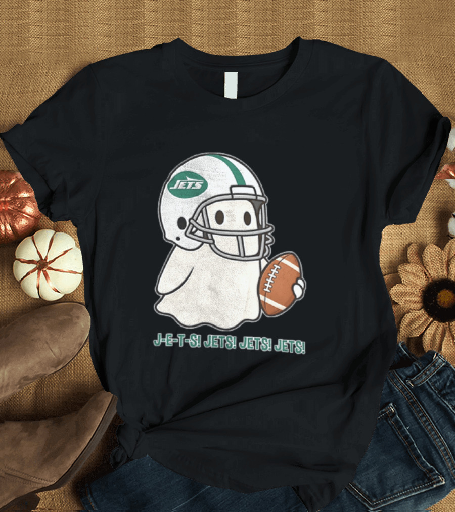 J E S Jets Jets Jets New York Jets Football Helmet Ghost Holding Football T-Shirt